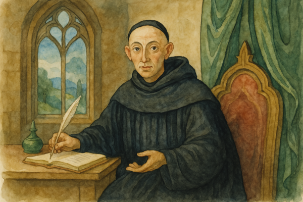 Ilustración representativa del Padre Feijoo en estilo acuarela gótica, escribiendo con pluma sobre un libro antiguo